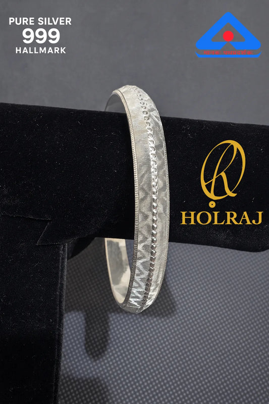 RajVeer 999 Pure Silver Sikh Kada by HOLRAJ brand with zig-zag 3D engraved design – front view