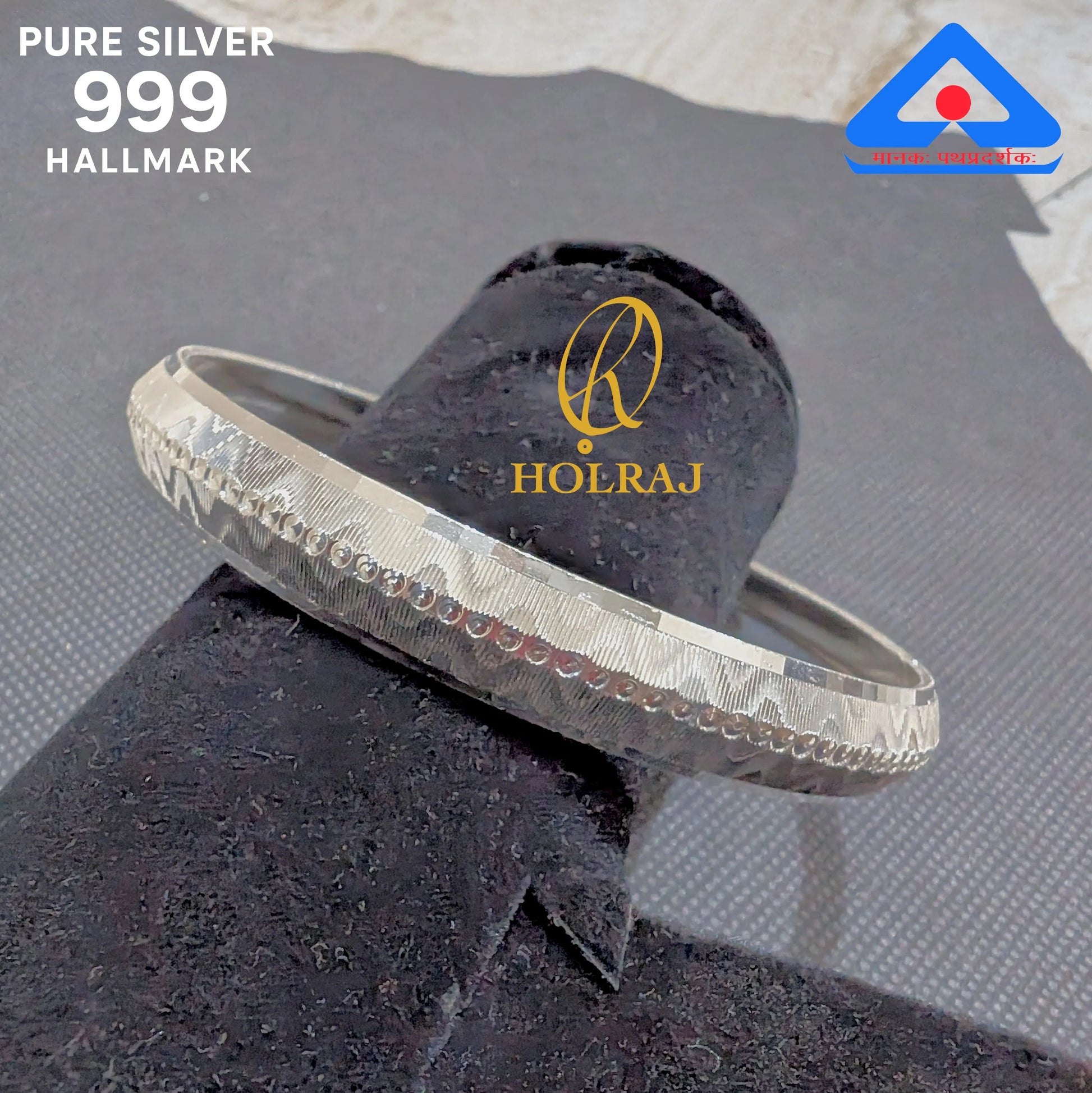 Designer silver kada for men with hallmark certification – angled view by HOLRAJ Brand