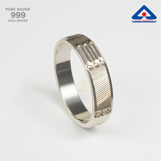 RajVrit silver men's band with bold ridges and dotted accents, crafted in 999 pure silver