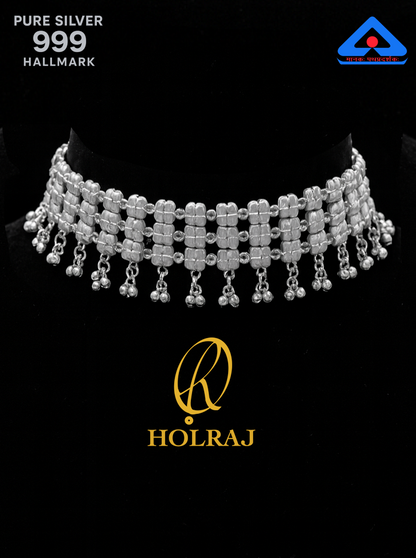 RatnaLalita™ Galoband by Holraj, 999 Hallmark Pure Silver Beaded Choker Necklace – Handcrafted Indian Jewellery