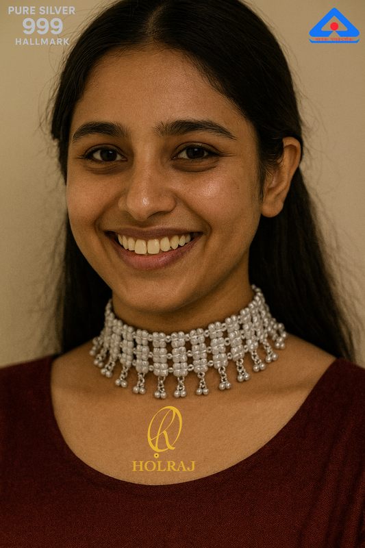 Woman wearing Holraj branded RatnaLalita™ Galoband, 999 Hallmark Pure Silver Beaded Choker Necklace – Handcrafted Indian Jewellery