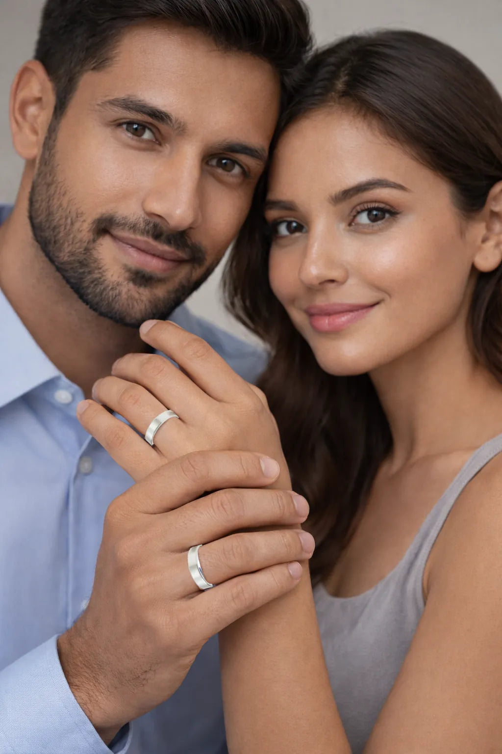 Indian couple wearing matching Holraj ShuddhBand pure 999 silver rings with matte finish and high polished edges on their ring fingers