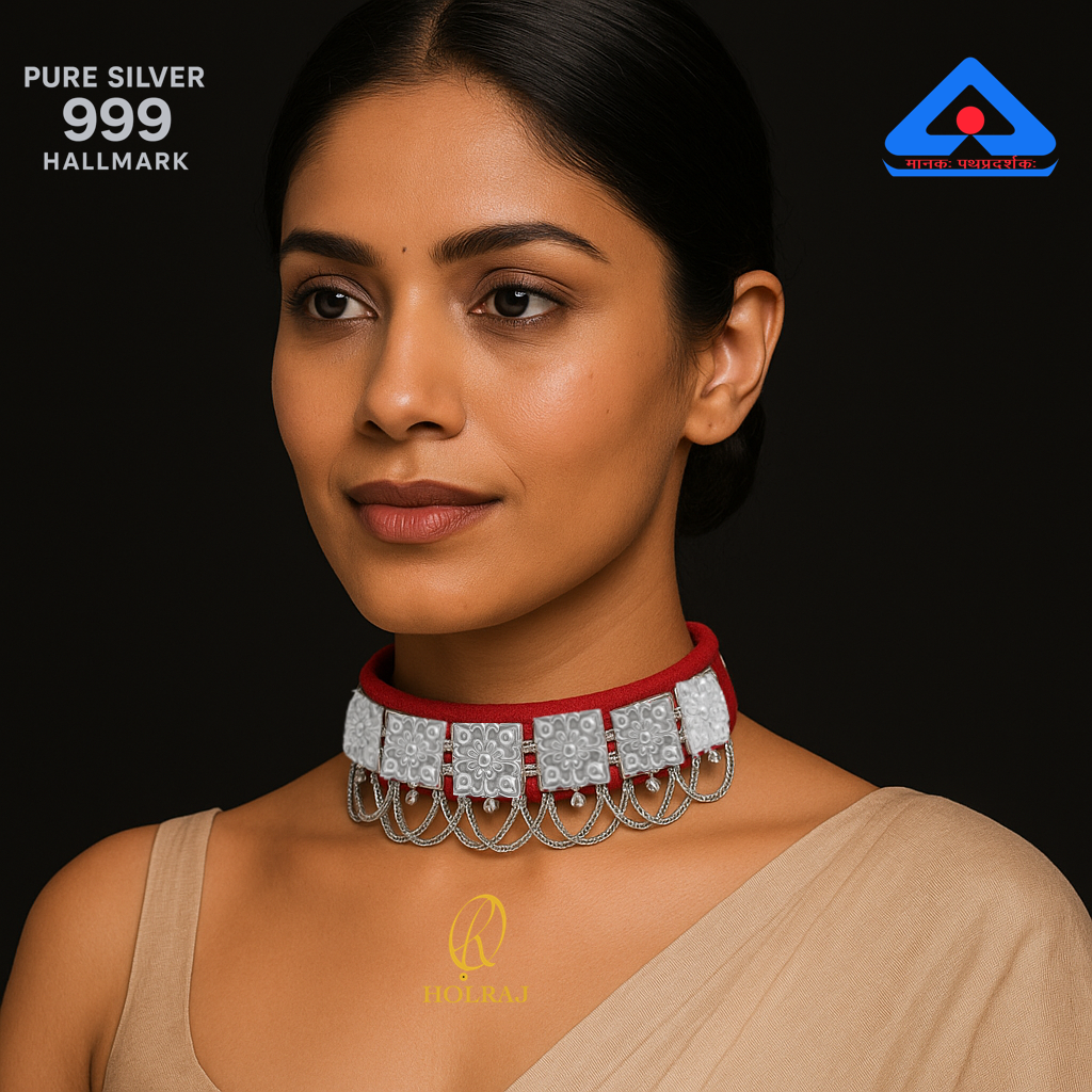 Woman wearing Holraj branded Shuddh Galoband™ 999 Hallmark Pure Silver High-Polish Choker Necklace – Handcrafted Indian Jewellery