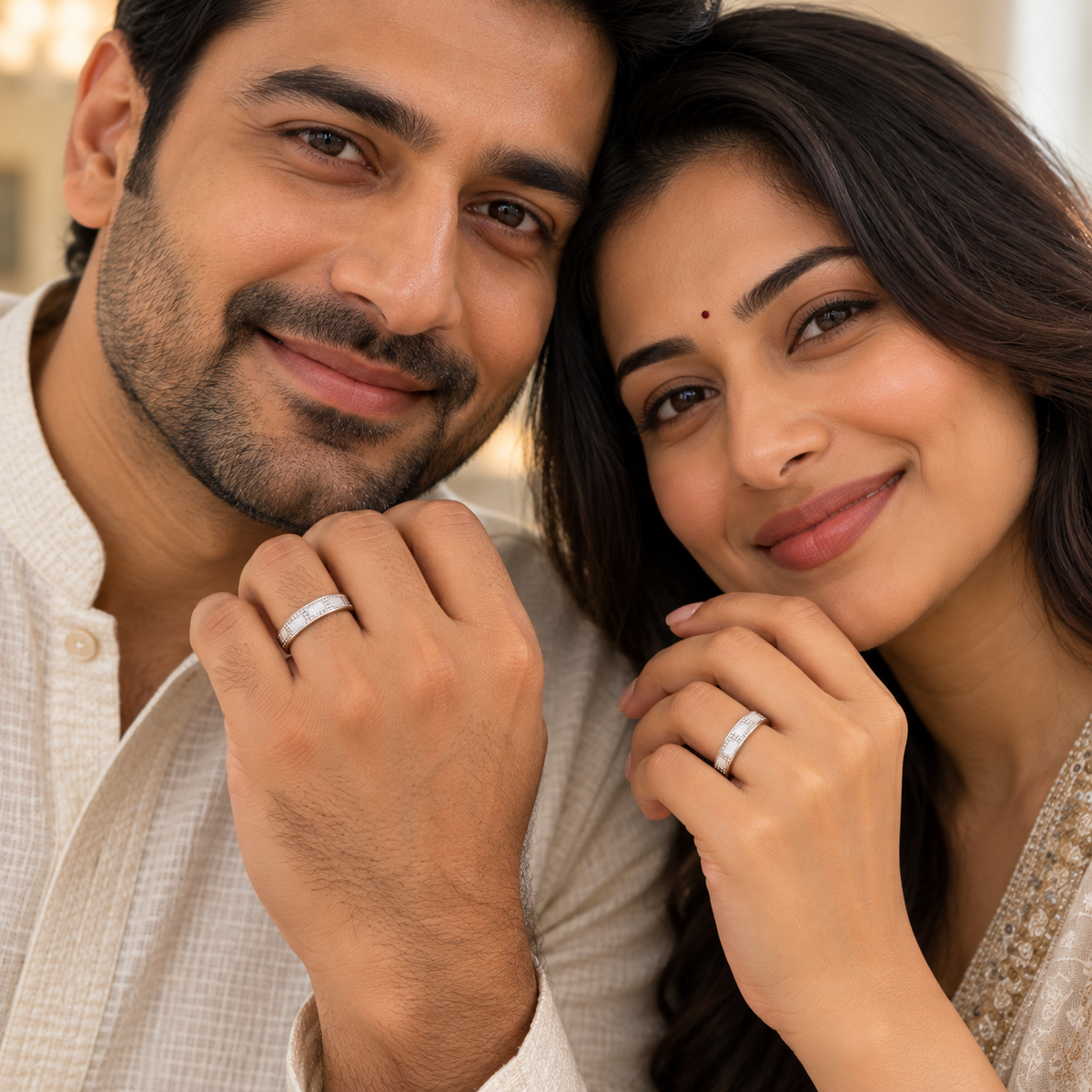Smiling Couple Showcasing Matching Holraj RajNaksh pure 999 Silver rings 
