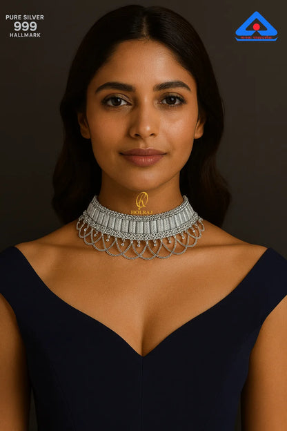 Woman wearing Holraj branded SuryaLeela™ Galoband 999 Hallmark Pure Silver Starburst Choker Necklace – Handcrafted Indian Jewellery