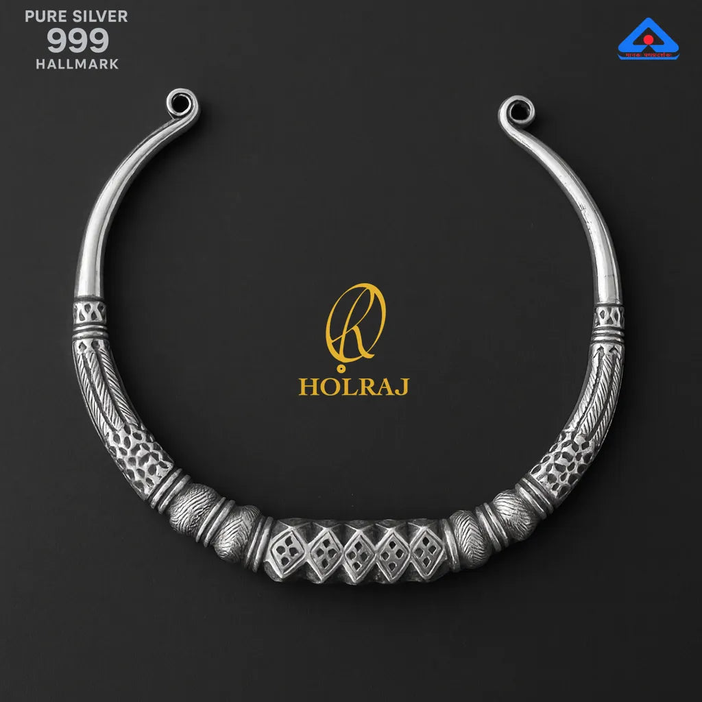 Pure 999 silver tribal Hansuli choker with engraved details, with 'HOLRAJ' logo on a dark background