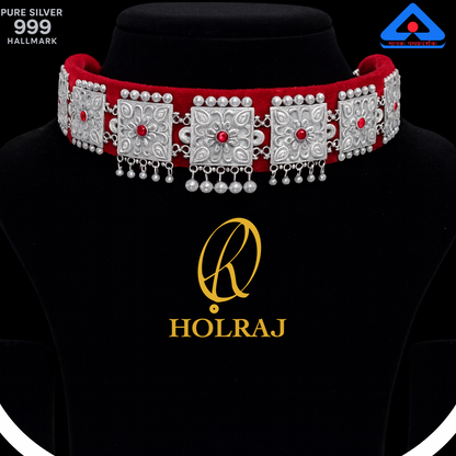 RajRati™ Galoband 999 Hallmark Pure Silver Choker Necklace with Red Accents  by Holraj– Handcrafted Indian Jewellery